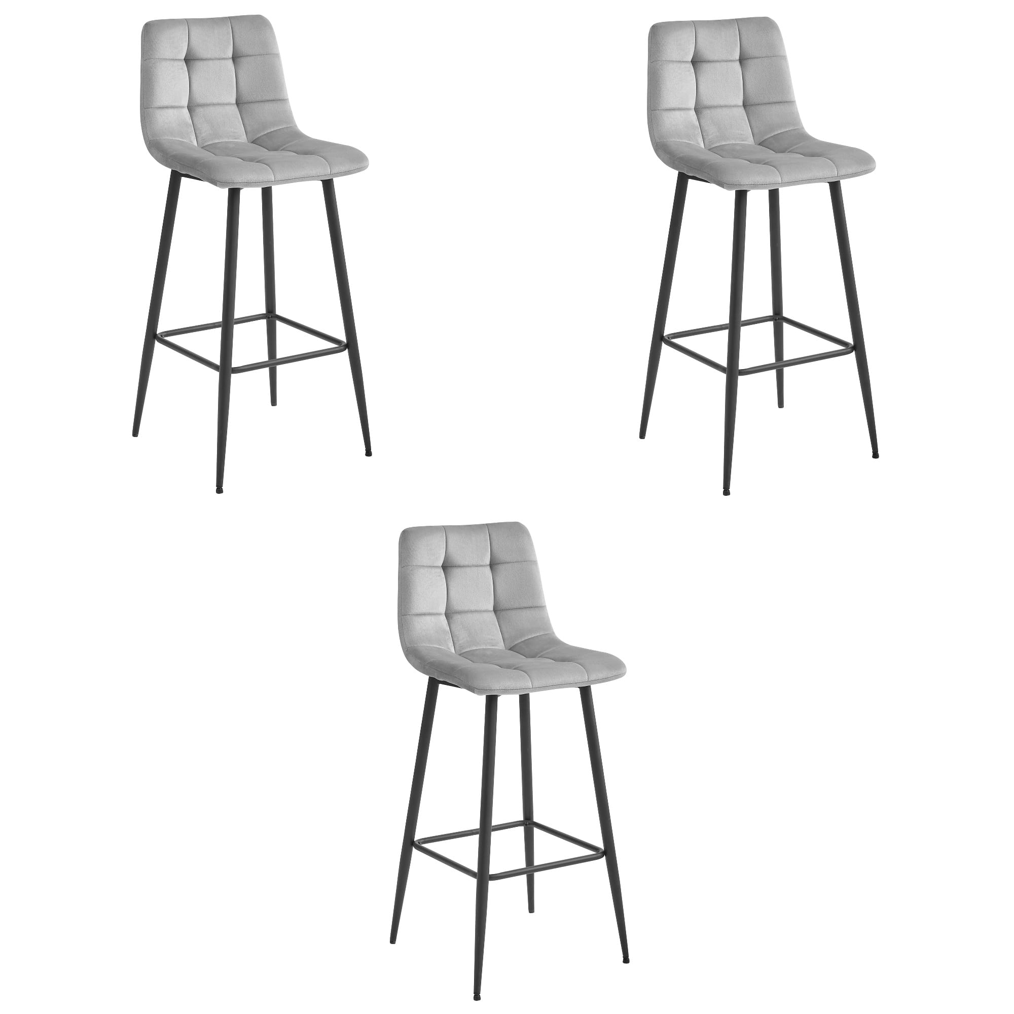 3x Barhocker ARCETO in silbergrauem Samt mit schwarzen Beinen