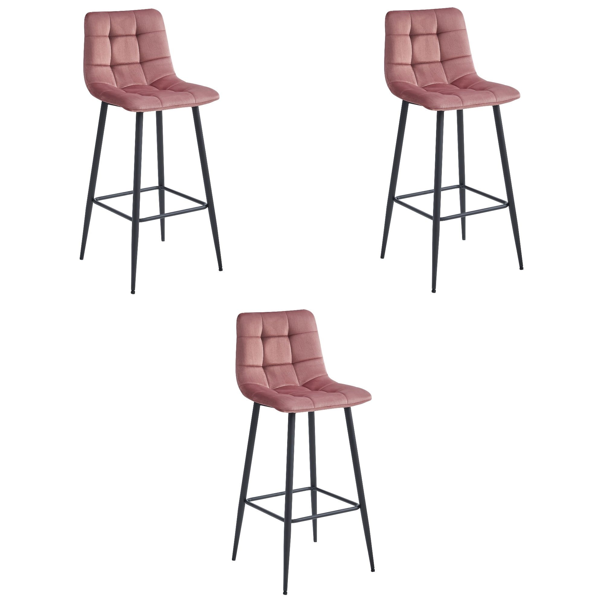 3x Barhocker ARCETO in dunkelrosa Samt mit schwarzen Beinen
