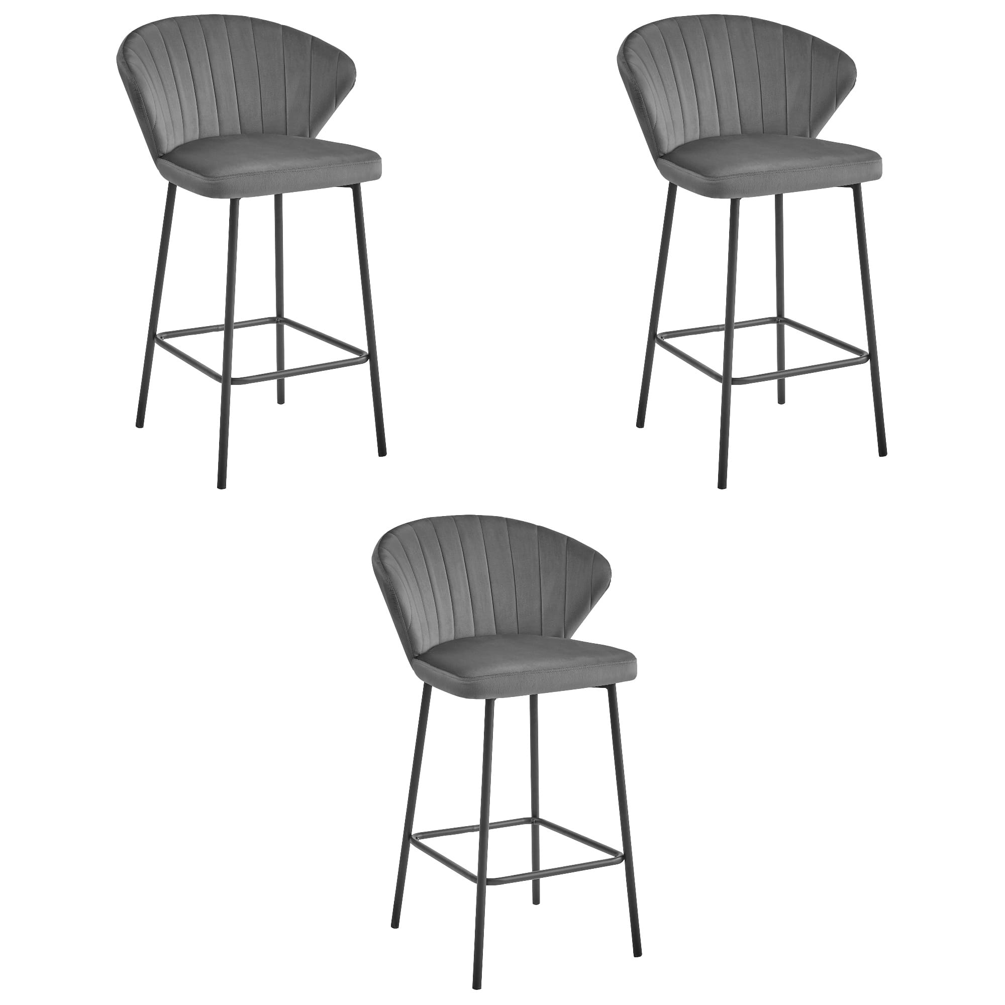 Barhocker GATTA 3er-Set in Dunkelgrau, Samt, Beine schwarz