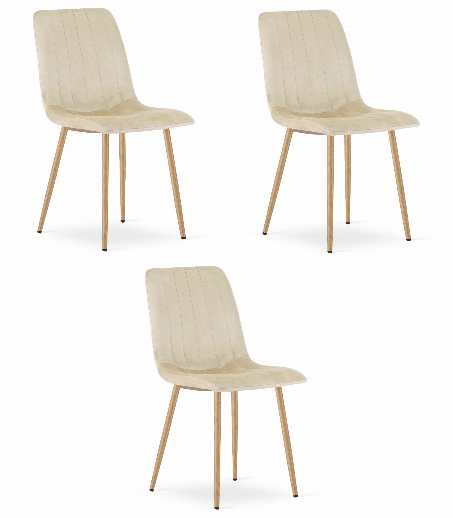 3er-Set Stuhl LAVA in hellem Beige, Samt, Beine holzfarben