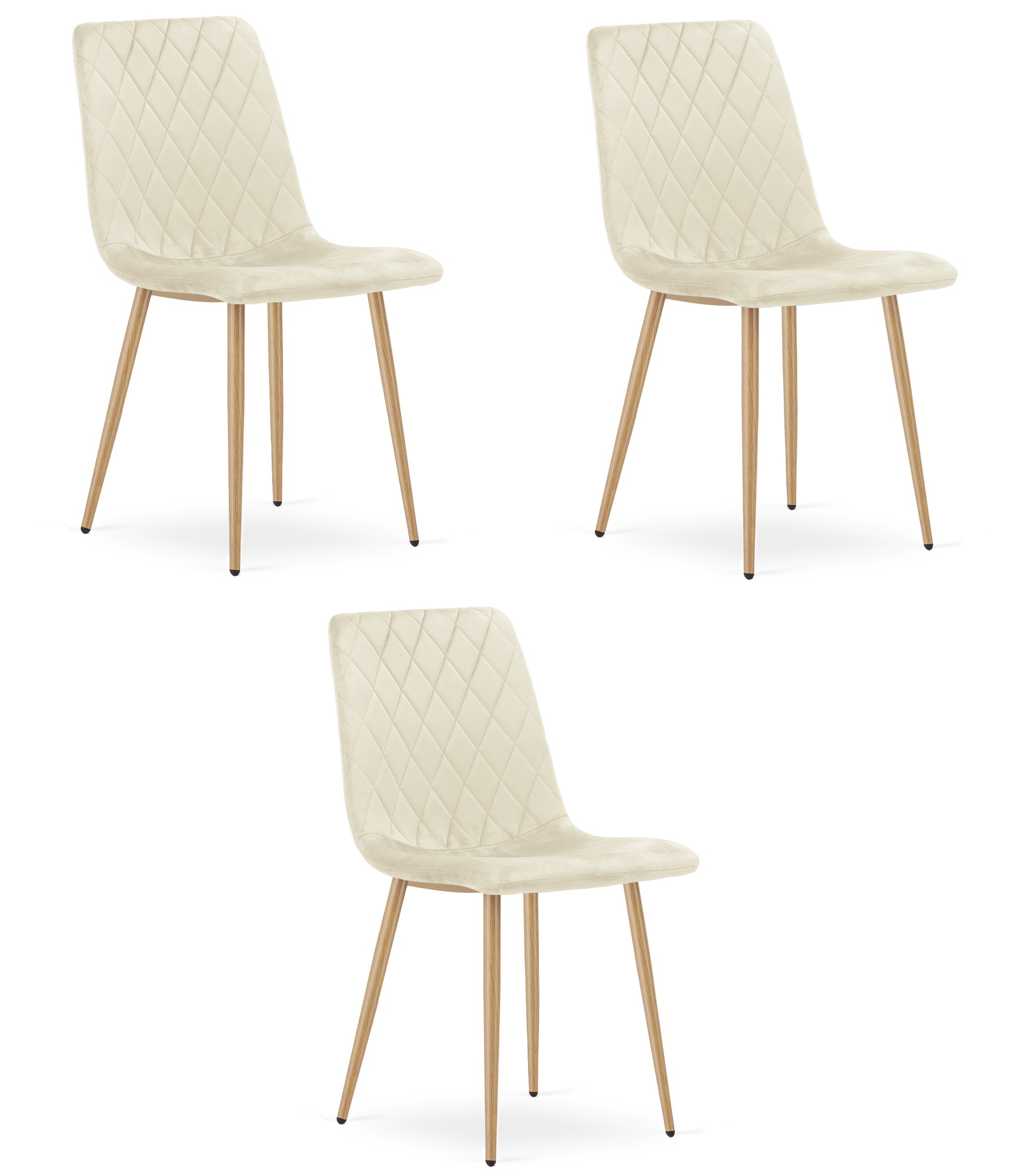3er-Set Stuhl TURIN hellbeige Samt, Beine in Holzoptik