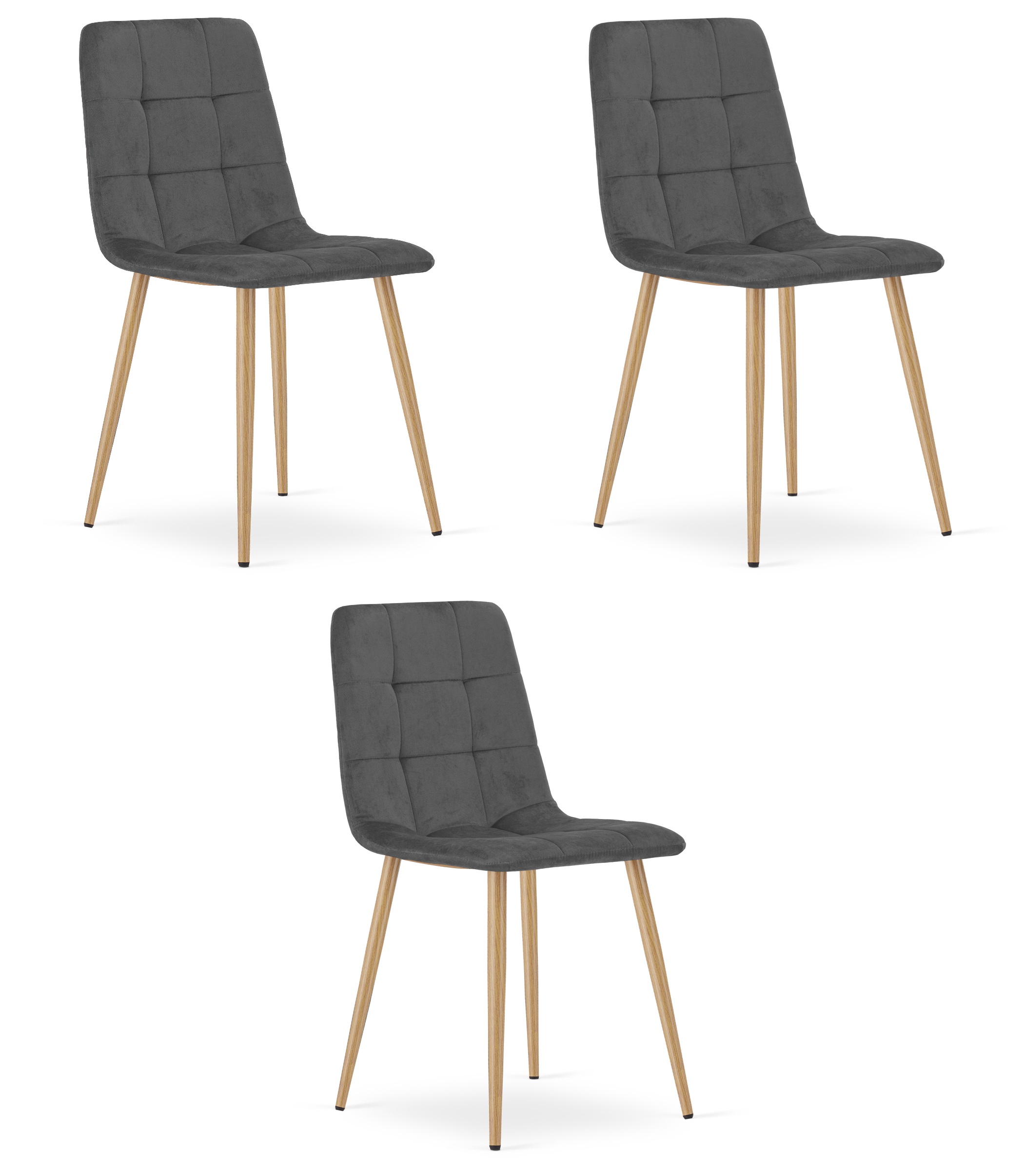 3er-Set Stuhl KARA dunkelgrau, Samt, Beine in Holzoptik