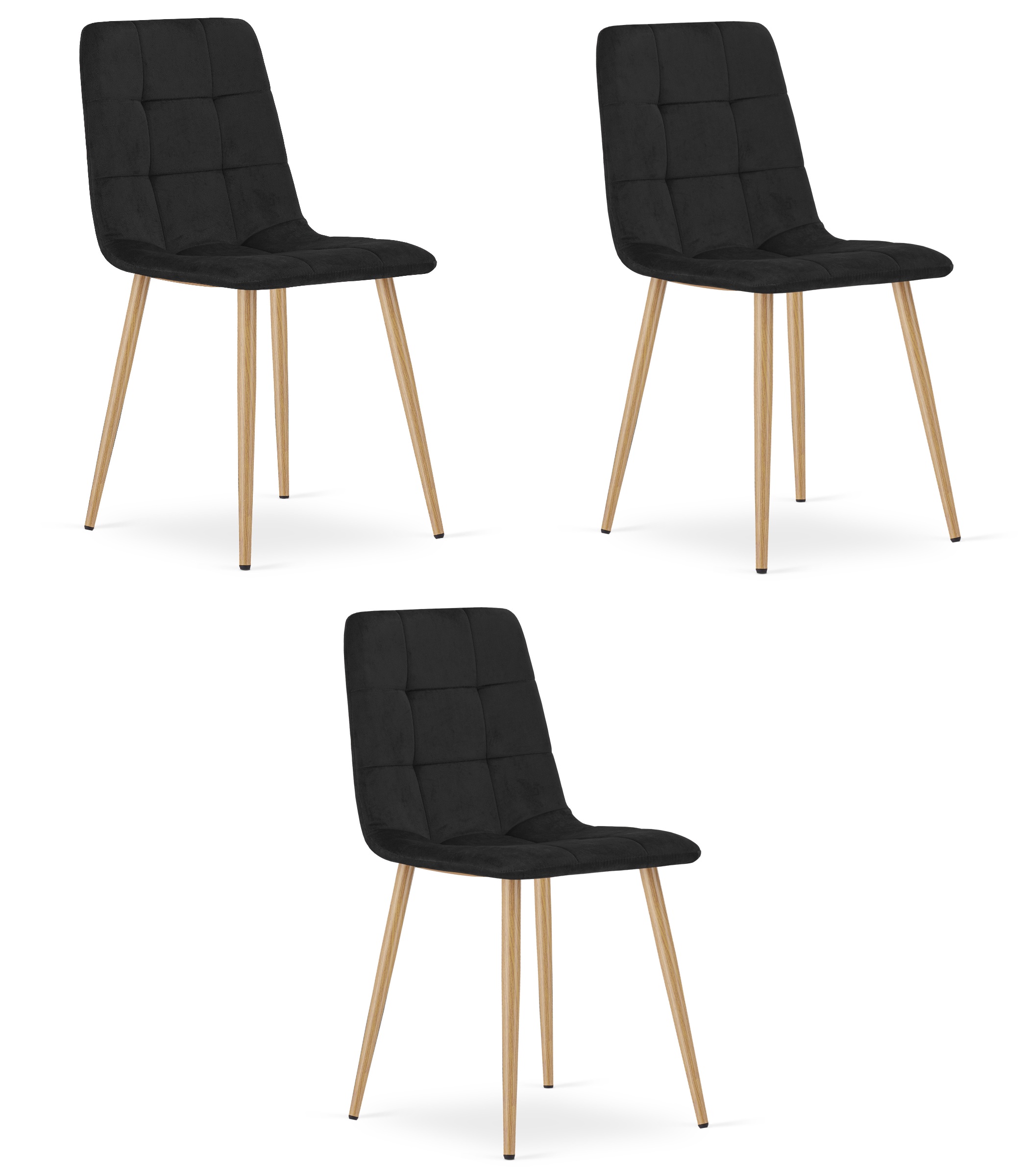 3er-Set Stuhl KARA in Schwarz aus Samt, Beine in Holzoptik