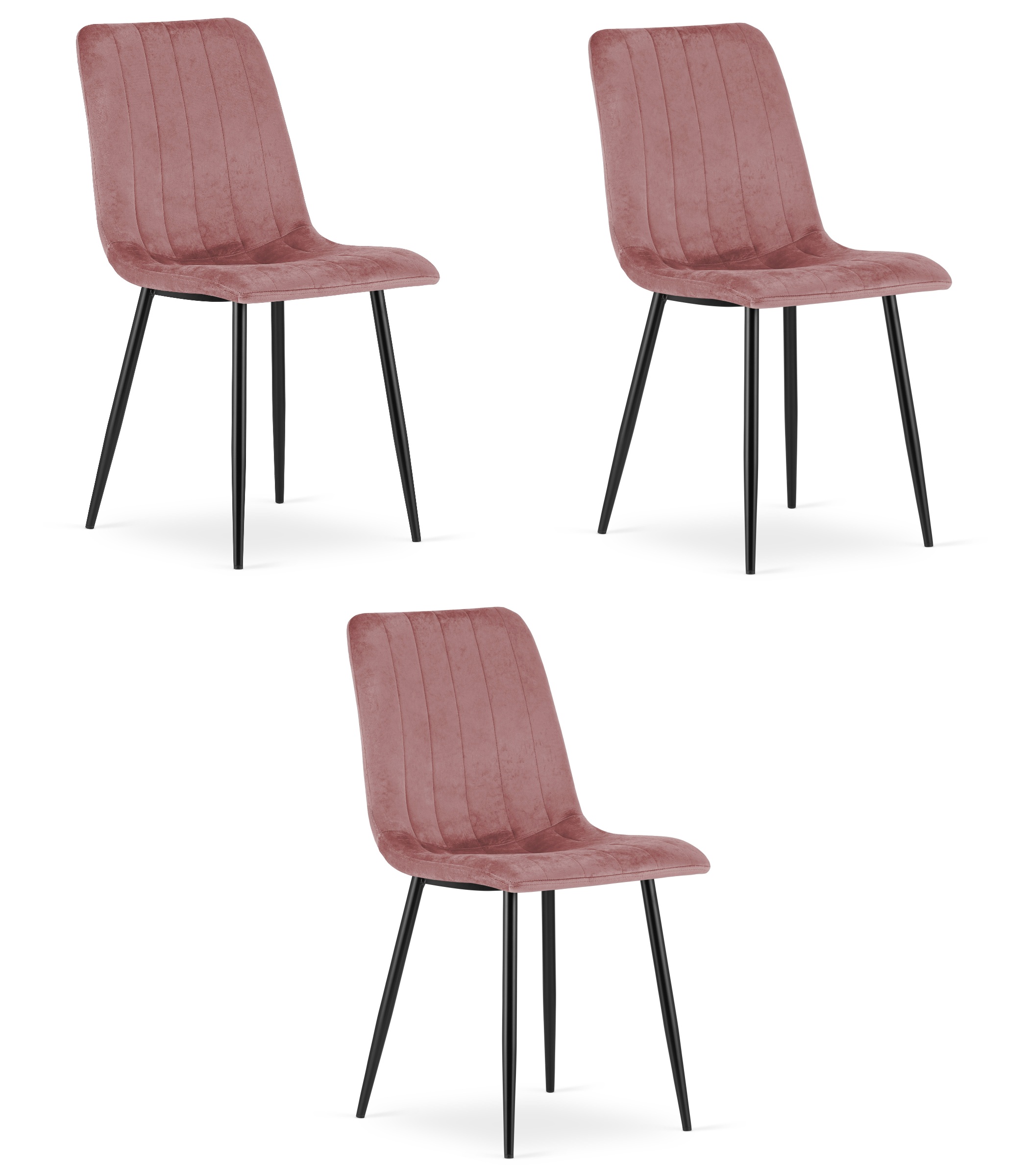 3er-Set Stuhl LAVA in Rosa aus Samt, schwarze Beine