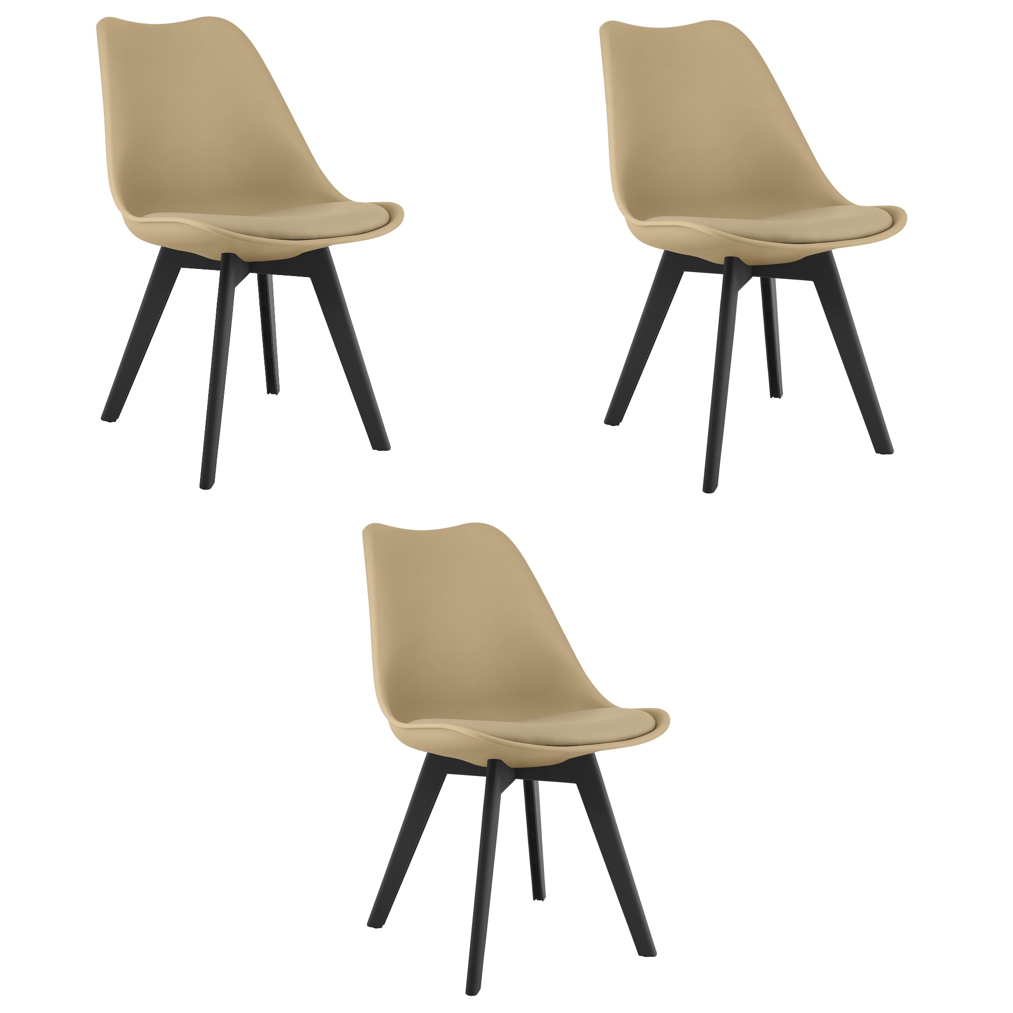 3er-Set Stuhl MARK in dunklem Beige mit schwarzen Beinen