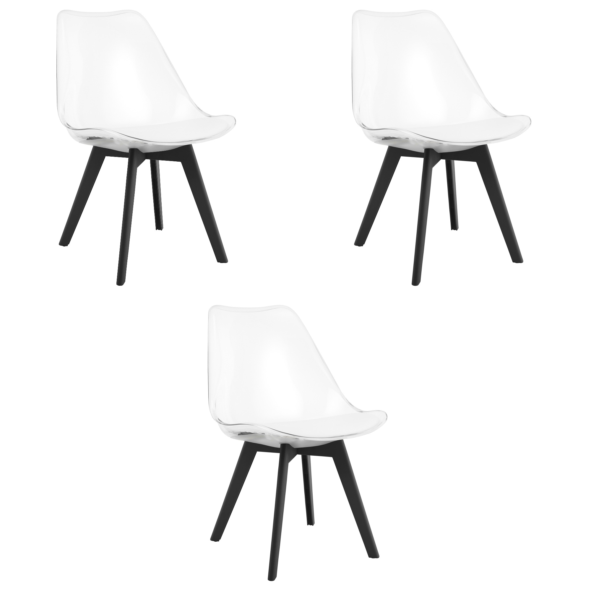 3er-Set Stuhl MARK transparent mit weißem Kissen, Beine schwarz