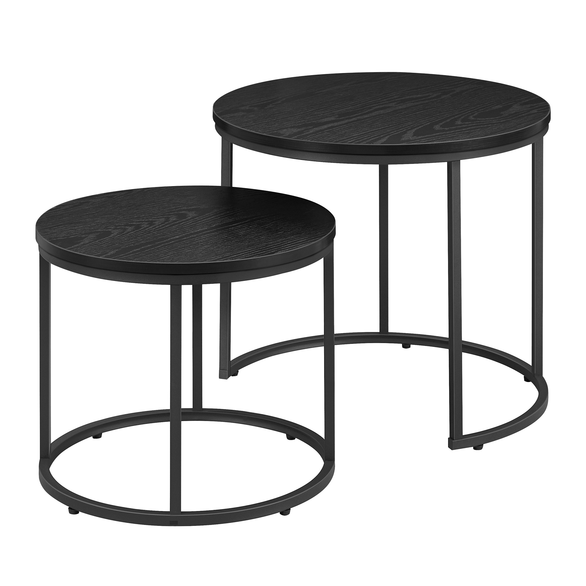 2 runde Couchtische in Schwarz mit schwarzen Beinen